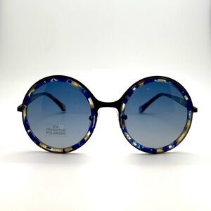 Oversized Round Blue Acetate & Black Metal Polarized Sunglasses
